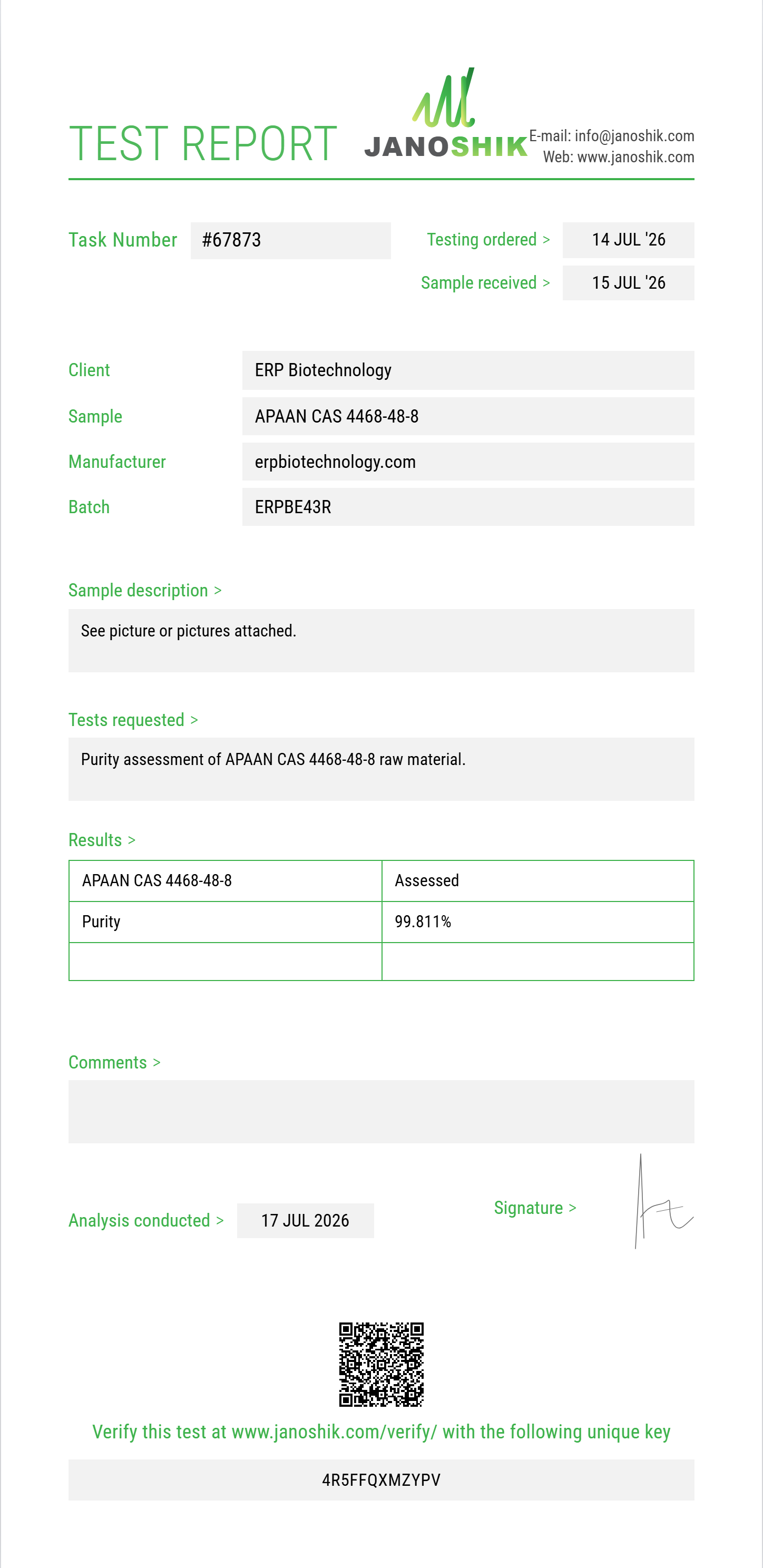 APAAN (alpha-phenylacetoacetonitrile) CAS 4468-48-8 Purity (HPLC) report by Janoshik Analytical